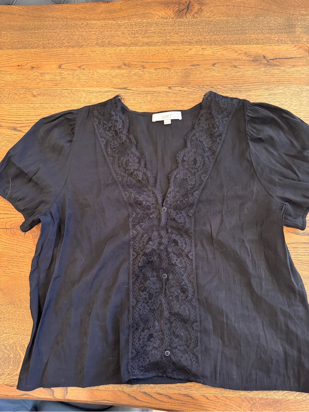 LOFT Black Lace-Trim Button-Front Short Sleeve Blouse